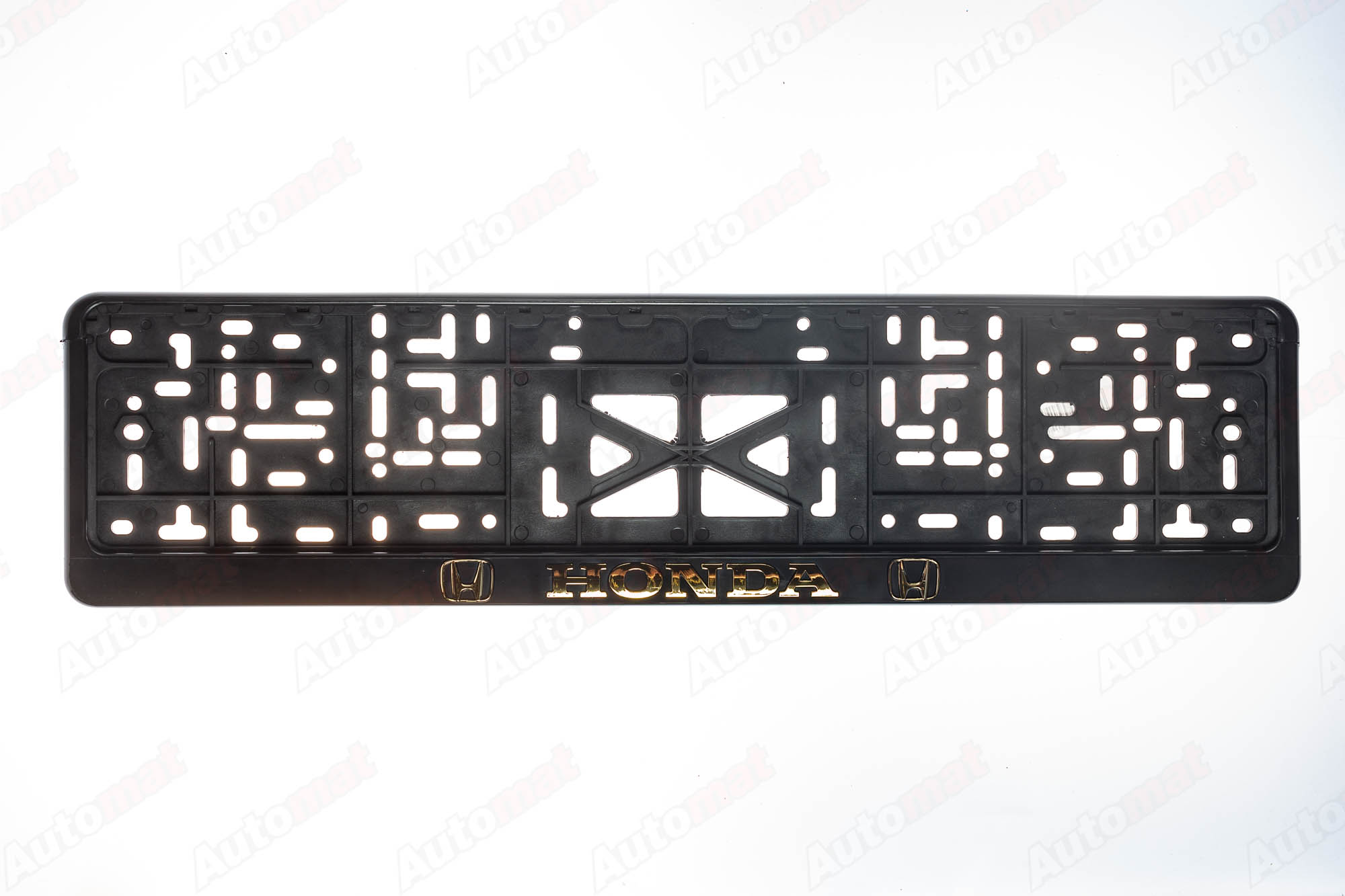 Рамка номера пластмасовая, с защелкой, тиснение Золотом HONDA (черная)